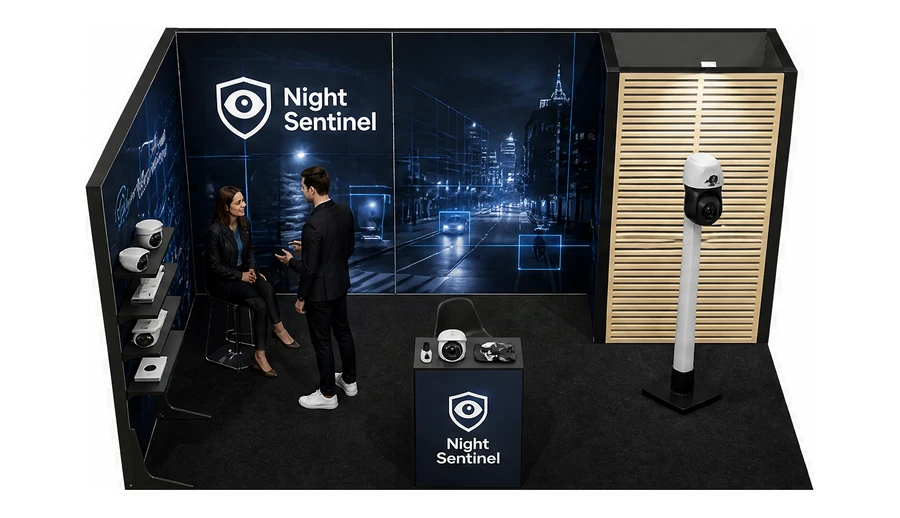 Stoisko 5 × 3 m narożne lewe dla branży systemy zabezpieczeń, przykładowa marka Night Sentinel