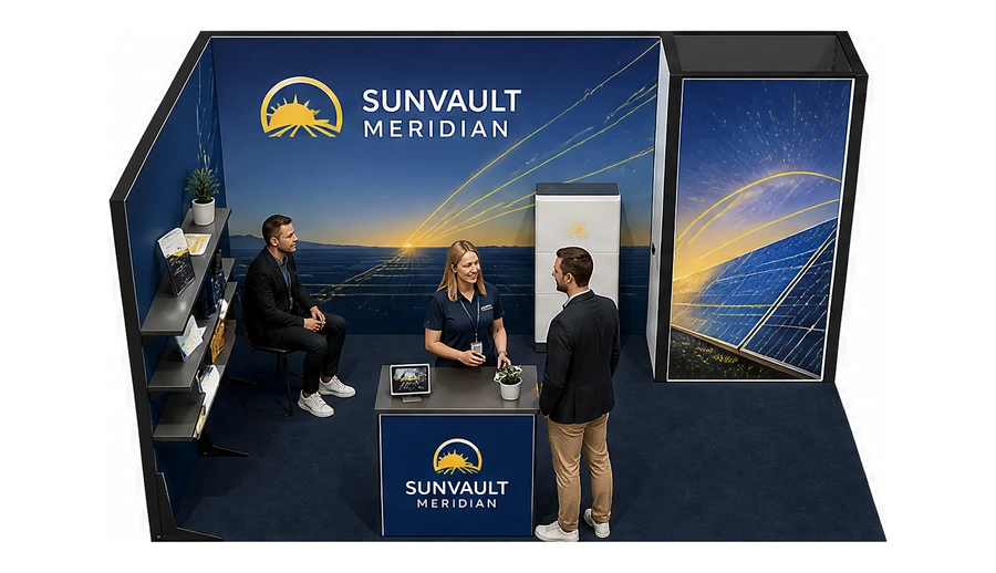 Stoisko 5 × 3 m narożne lewe dla branży fotowoltaika, przykładowa marka Sunvault Meridian