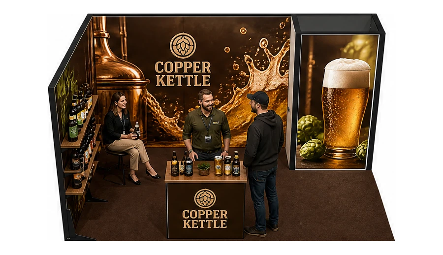 Stoisko 5 × 3 m narożne lewe dla branży browar rzemieślniczy, przykładowa marka Copper Kettle