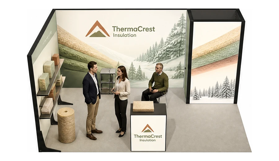 Stoisko 5 × 3 m narożne lewe dla branży izolacje techniczne, przykładowa marka ThermaCrest Insulation