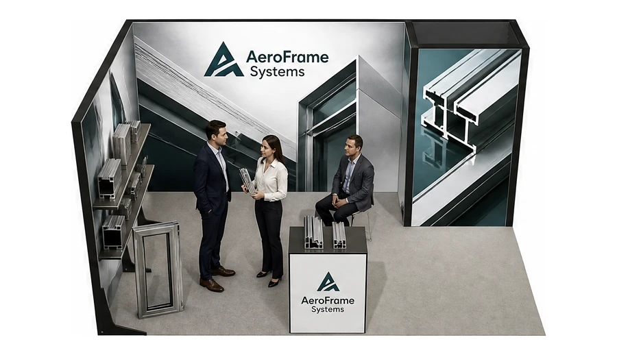 Stoisko 5 × 3 m narożne lewe dla branży profile aluminiowe, przykładowa marka AeroFrame Systems