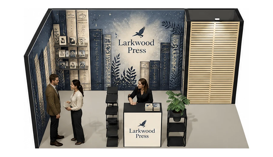Stoisko 5 × 3 m narożne lewe dla branży wydawnictwa, przykładowa marka Larkwood Press