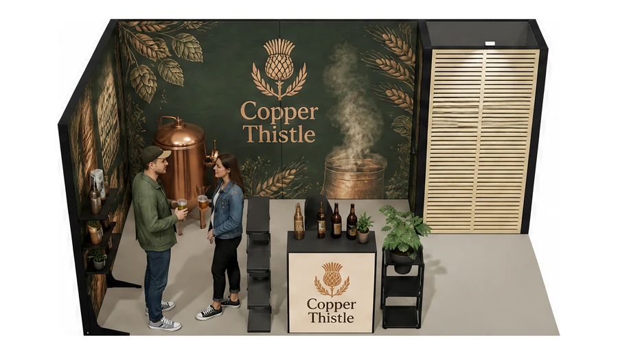 Stoisko 5 × 3 m narożne lewe dla branży browar rzemieślniczy, przykładowa marka Copper Thistle