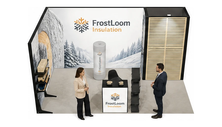 Stoisko 5 × 3 m narożne lewe dla branży izolacje techniczne, przykładowa marka FrostLoom Insulation