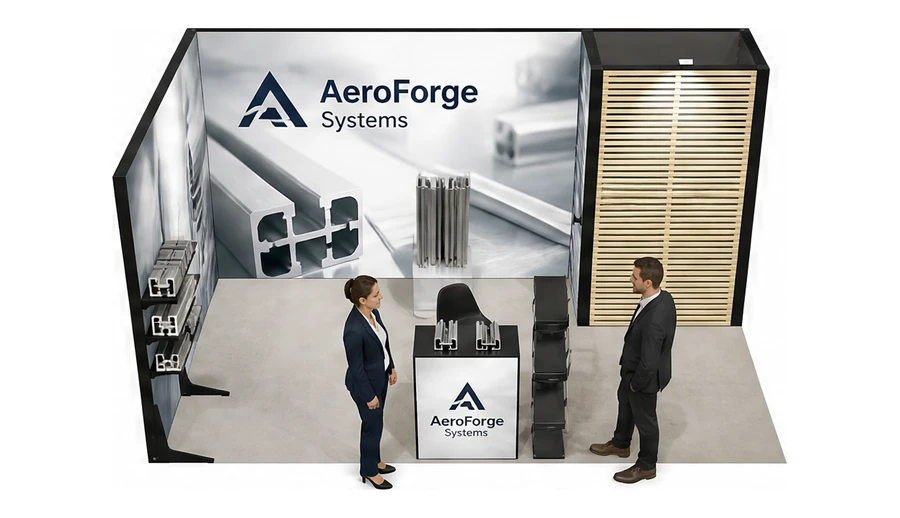 Stoisko 5 × 3 m narożne lewe dla branży profile aluminiowe, przykładowa marka AeroForge Systems