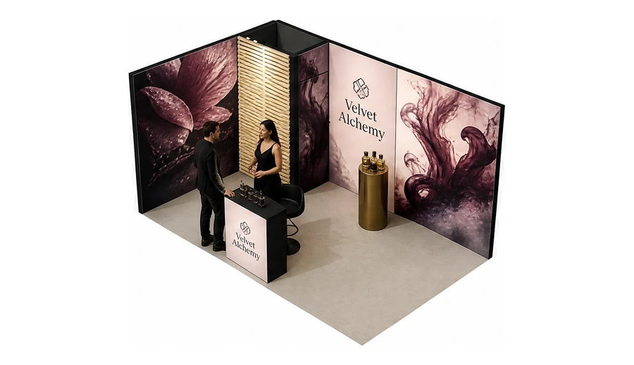 Stoisko 5 × 3 m narożne lewe dla branży perfumy, przykładowa marka Velvet Alchemy