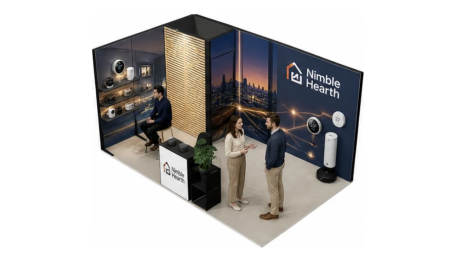 Stoisko 5 × 3 m narożne lewe dla branży smart home i IoT, przykładowa marka Nimble Hearth