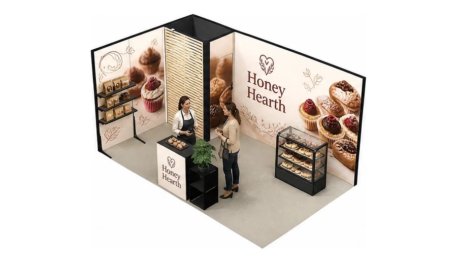 Stoisko 5 × 3 m narożne lewe dla branży piekarnictwo i cukiernictwo, przykładowa marka Honey Hearth