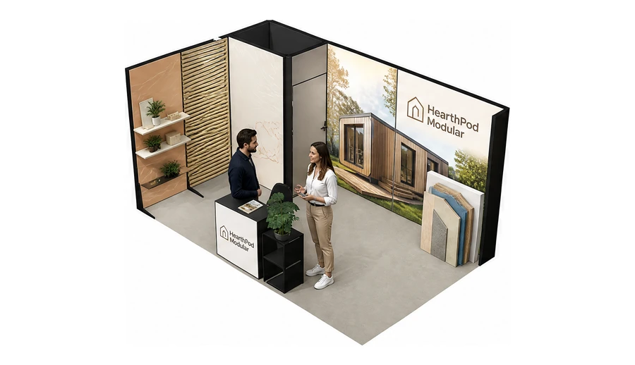 Stoisko 5 × 3 m narożne lewe dla branży domy modułowe i prefabrykacja, przykładowa marka HearthPod Modular