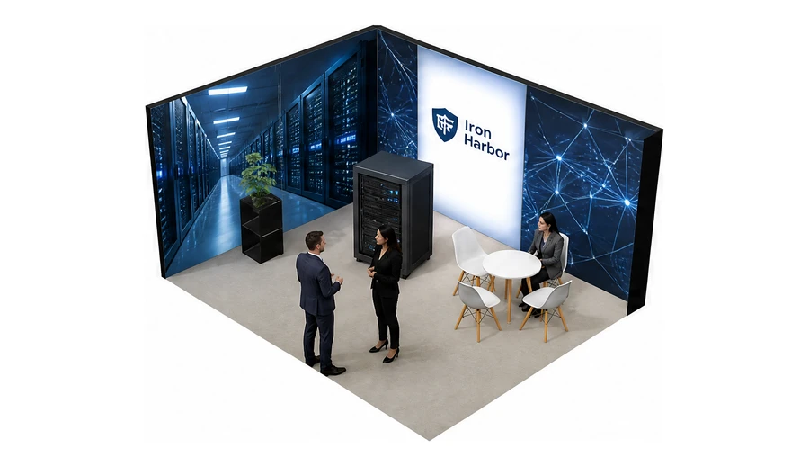 Stoisko 5 × 4 m narożne lewe dla branży infrastruktura IT i data center, przykładowa marka Iron Harbor