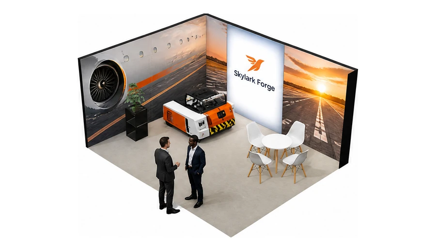 Stoisko 5 × 4 m narożne lewe dla branży lotnictwo, przykładowa marka Skylark Forge