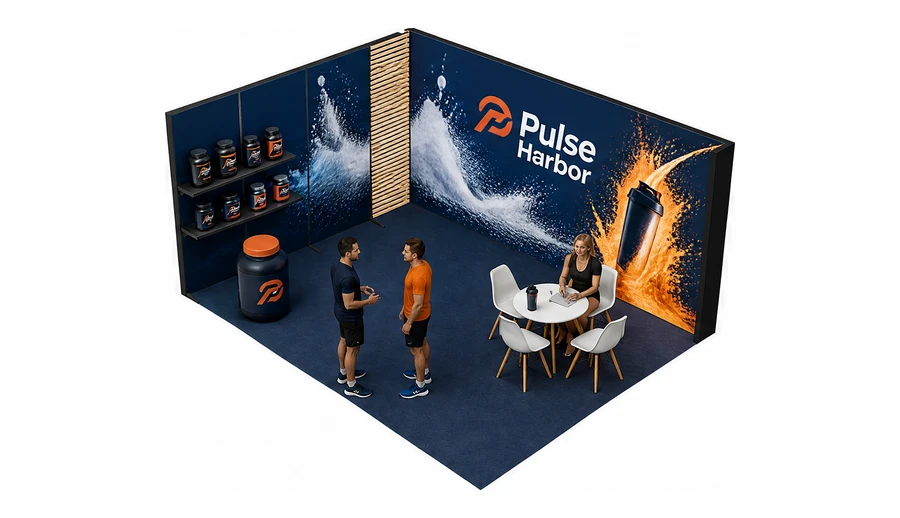 Stoisko 5 × 4 m narożne lewe dla branży suplementy diety, przykładowa marka Pulse Harbor
