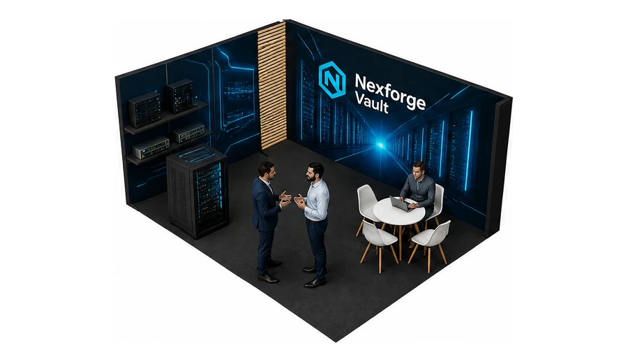 Stoisko 5 × 4 m narożne lewe dla branży infrastruktura IT i data center, przykładowa marka Nexforge Vault