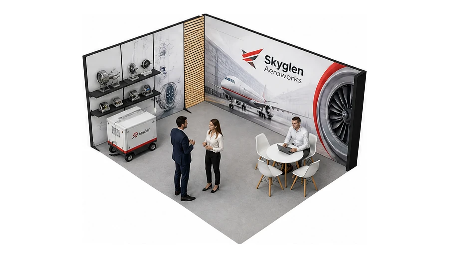 Stoisko 5 × 4 m narożne lewe dla branży lotnictwo, przykładowa marka Skyglen Aeroworks