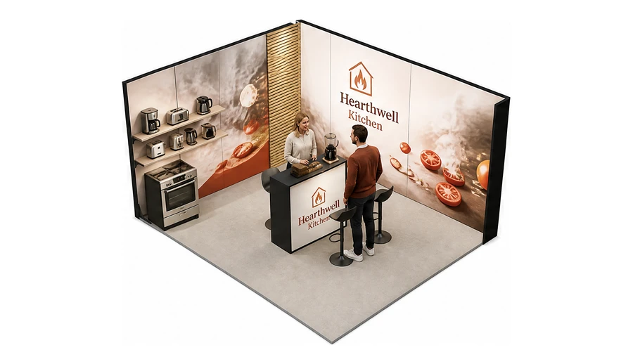 Stoisko 5 × 4 m narożne lewe dla branży sprzęt kuchenny i AGD, przykładowa marka Hearthwell Kitchen
