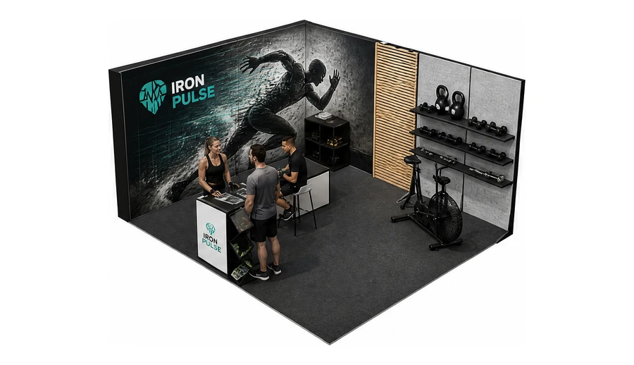Stoisko 5 × 4 m narożne lewe dla branży fitness i siłownie, przykładowa marka Iron Pulse