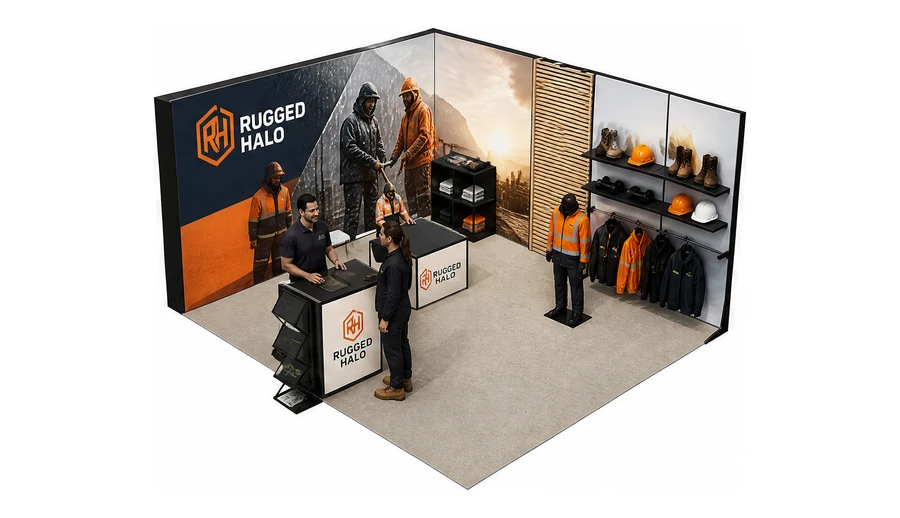 Stoisko 5 × 4 m narożne lewe dla branży BHP i odzież ochronna, przykładowa marka Rugged Halo