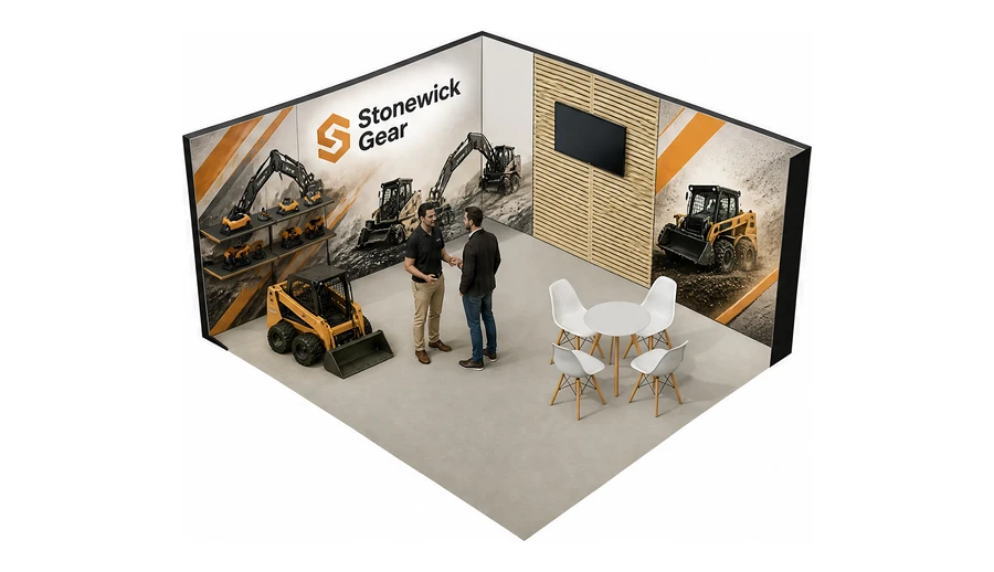 Stoisko 5 × 4 m narożne lewe dla branży maszyny budowlane, przykładowa marka Stonewick Gear
