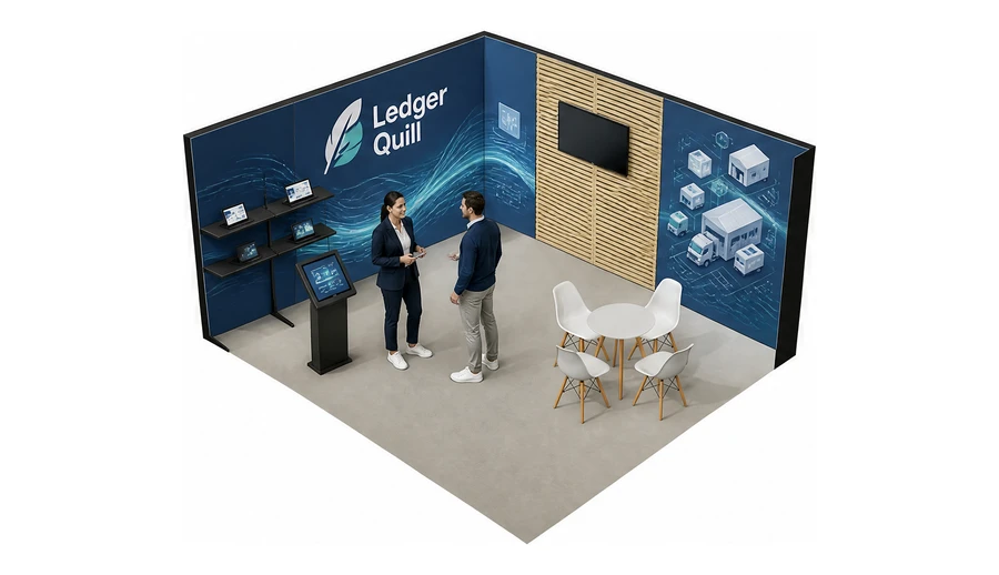 Stoisko 5 × 4 m narożne lewe dla branży oprogramowanie dla firm, przykładowa marka Ledger Quill