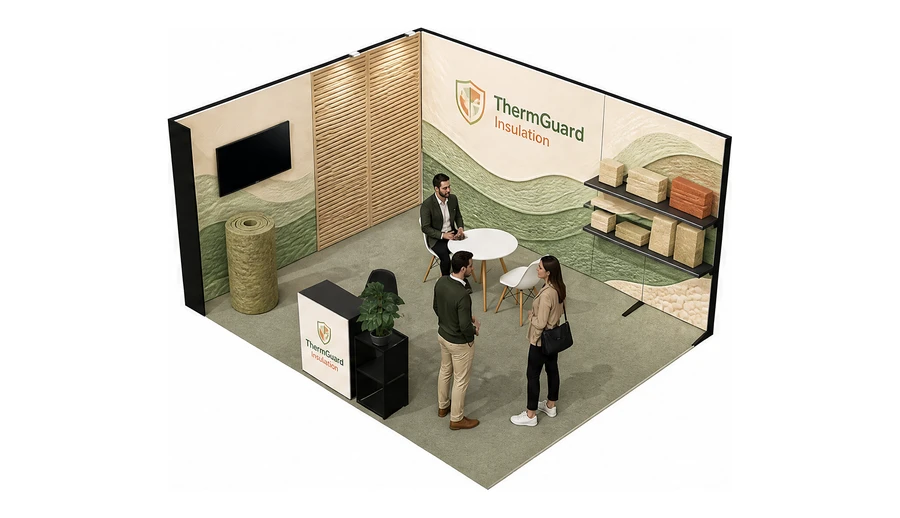 Stoisko 5 × 4 m narożne lewe dla branży izolacje techniczne, przykładowa marka ThermGuard Insulation