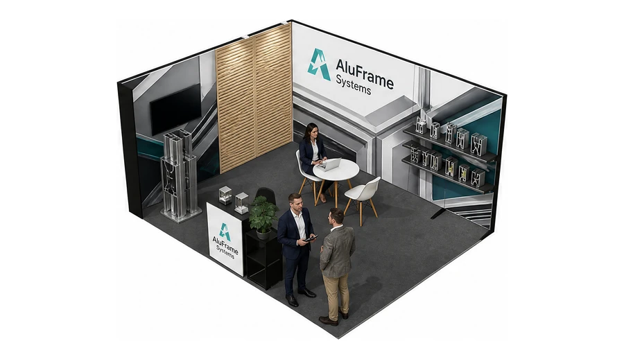 Stoisko 5 × 4 m narożne lewe dla branży profile aluminiowe, przykładowa marka AluFrame Systems