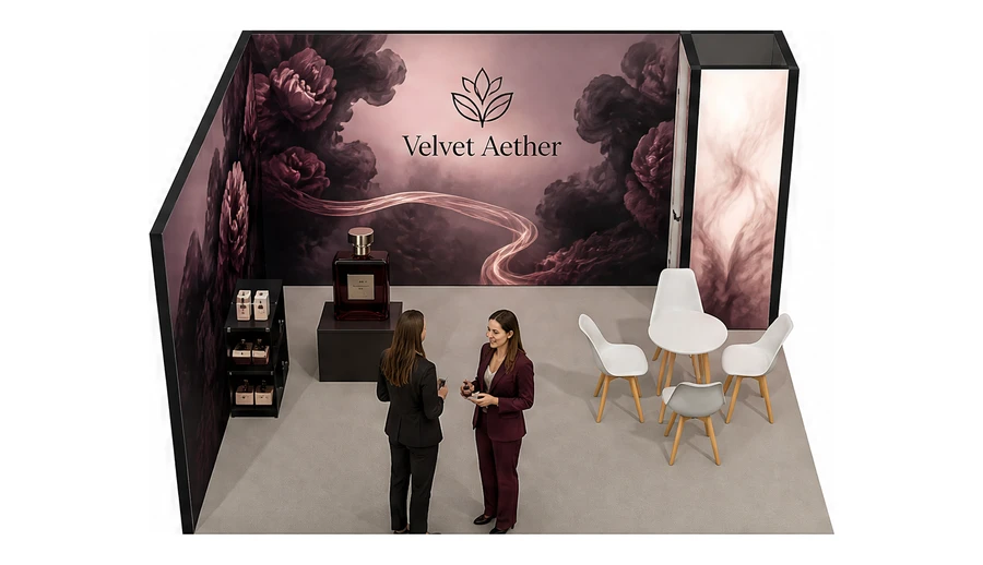 Stoisko 5 × 4 m narożne lewe dla branży perfumy, przykładowa marka Velvet Aether