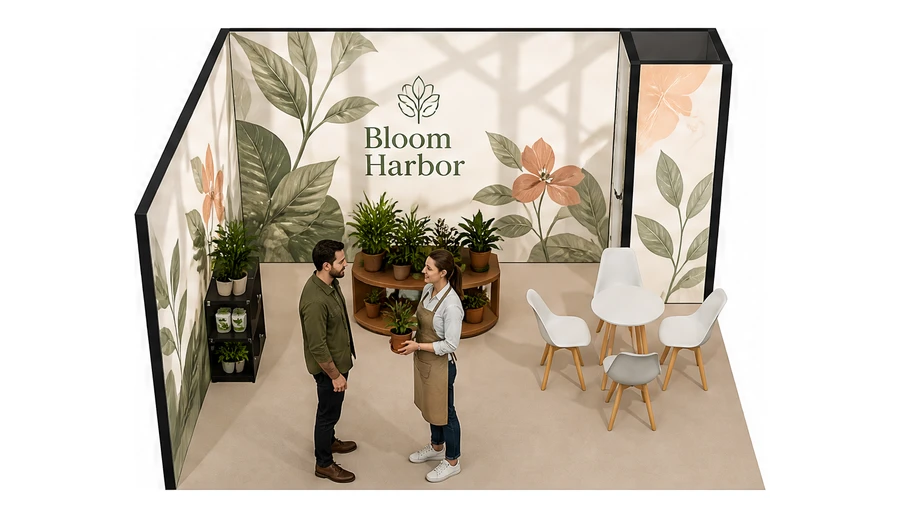 Stoisko 5 × 4 m narożne lewe dla branży rośliny i kwiaciarstwo, przykładowa marka Bloom Harbor