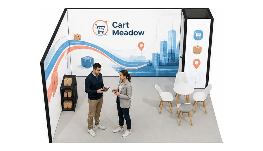 Stoisko 5 × 4 m narożne lewe dla branży e-commerce, przykładowa marka Cart Meadow