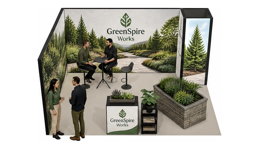 Stoisko 5 × 4 m narożne lewe dla branży ogród i architektura krajobrazu, przykładowa marka GreenSpire Works