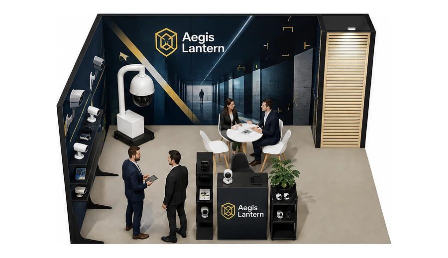 Stoisko 5 × 4 m narożne lewe dla branży systemy zabezpieczeń, przykładowa marka Aegis Lantern