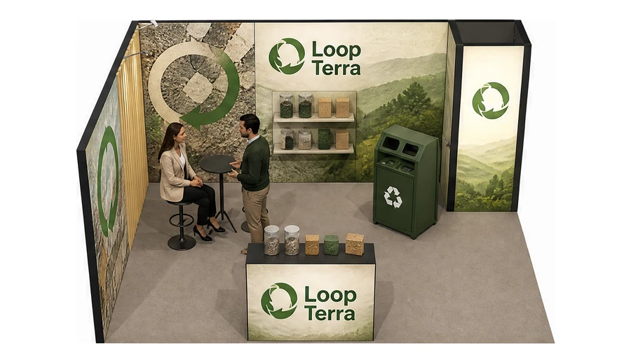 Stoisko 5 × 4 m narożne lewe dla branży recykling i ochrona środowiska, przykładowa marka Loop Terra