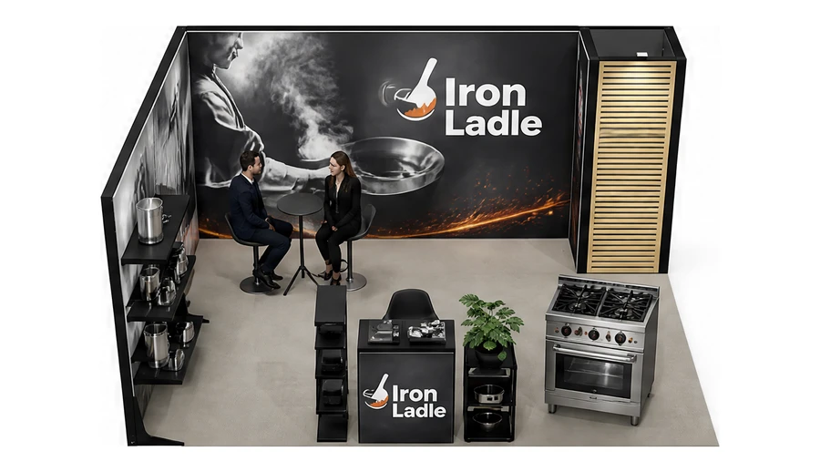 Stoisko 5 × 4 m narożne lewe dla branży wyposażenie gastronomii, przykładowa marka Iron Ladle