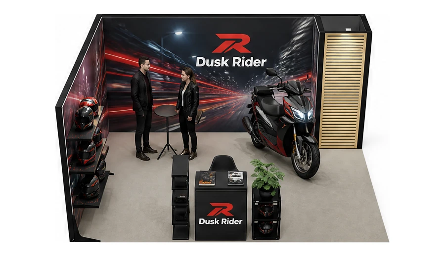 Stoisko 5 × 4 m narożne lewe dla branży motocykle i skutery, przykładowa marka Dusk Rider