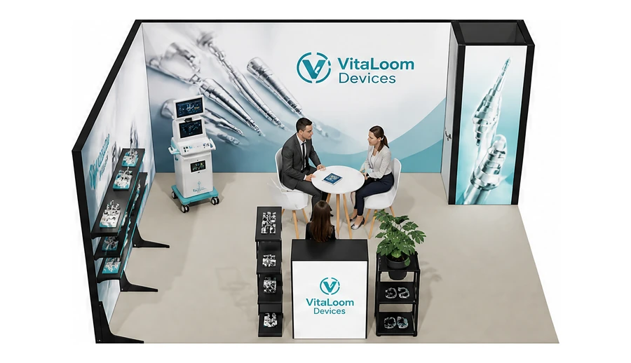 Stoisko 5 × 4 m narożne lewe dla branży sprzęt medyczny, przykładowa marka VitaLoom Devices