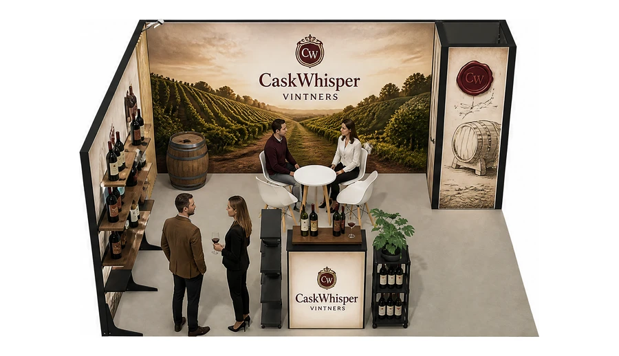 Stoisko 5 × 4 m narożne lewe dla branży winnica, przykładowa marka CaskWhisper Vintners