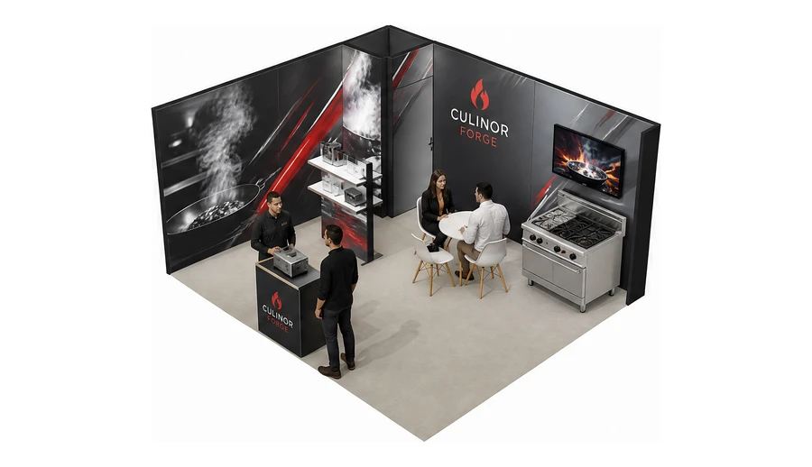 Stoisko 5 × 4 m narożne lewe dla branży wyposażenie gastronomii, przykładowa marka Culinor Forge