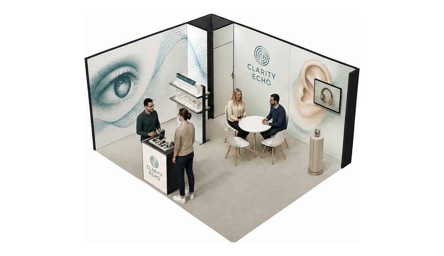 Stoisko 5 × 4 m narożne lewe dla branży optyka i audiologia, przykładowa marka Clarity Echo