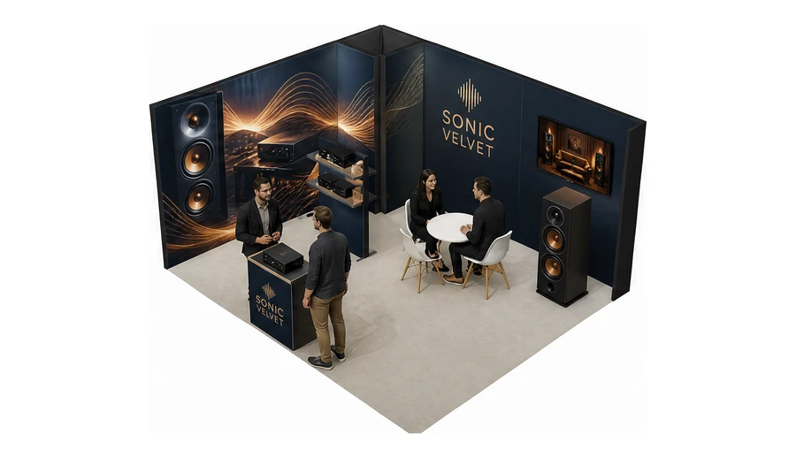 Stoisko 5 × 4 m narożne lewe dla branży sprzęt audio-video, przykładowa marka Sonic Velvet