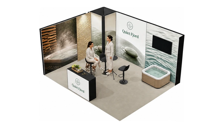 Stoisko 5 × 4 m narożne lewe dla branży spa i wellness, przykładowa marka Quiet Fjord