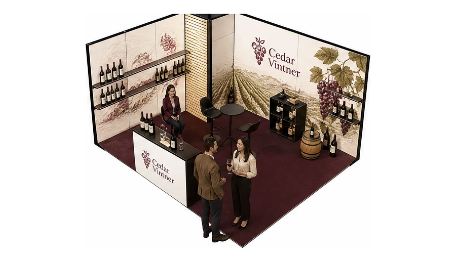 Stoisko 5 × 4 m narożne lewe dla branży winnica, przykładowa marka Cedar Vintner
