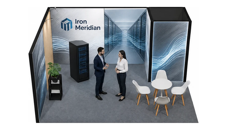 Stoisko 5 × 4 m narożne lewe dla branży infrastruktura IT i data center, przykładowa marka Iron Meridian