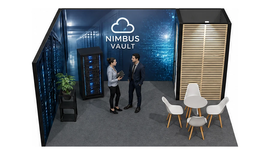 Stoisko 5 × 4 m narożne lewe dla branży infrastruktura IT i data center, przykładowa marka Nimbus Vault