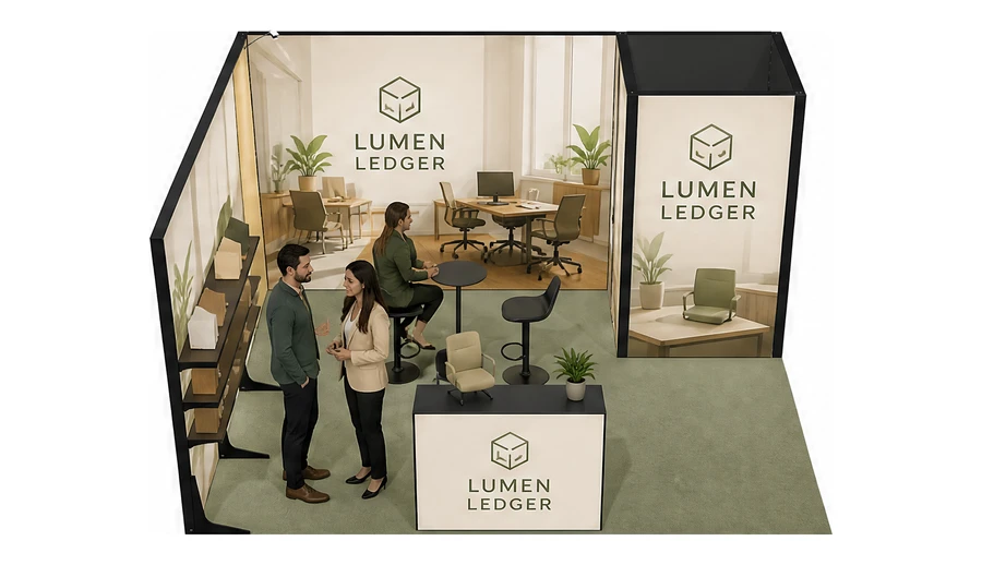 Stoisko 5 × 4 m narożne lewe dla branży meble biurowe, przykładowa marka Lumen Ledger