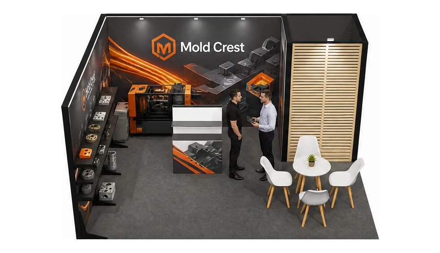 Stoisko 5 × 4 m narożne lewe dla branży przetwórstwo tworzyw, przykładowa marka Mold Crest