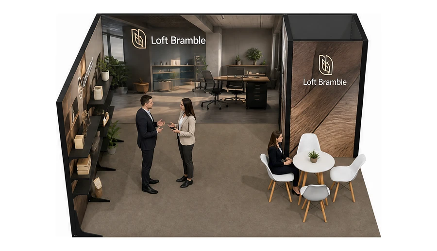 Stoisko 5 × 4 m narożne lewe dla branży meble biurowe, przykładowa marka Loft Bramble