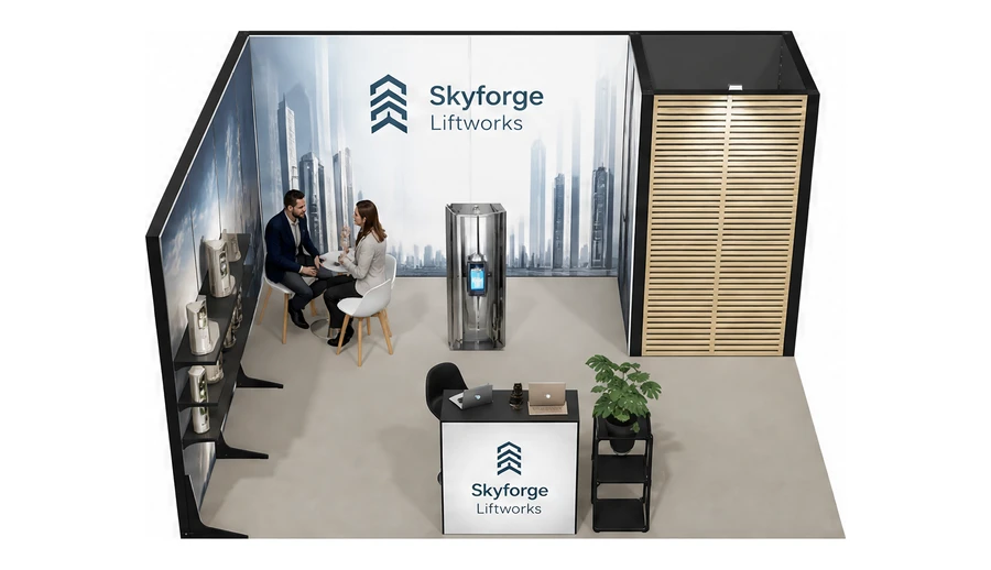 Stoisko 5 × 4 m narożne lewe dla branży dźwigi i windy, przykładowa marka Skyforge Liftworks