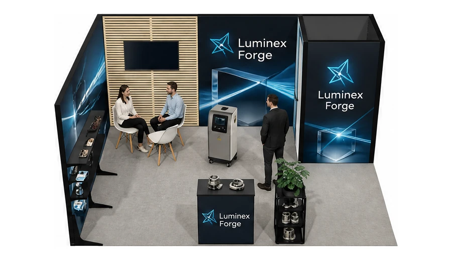 Stoisko 5 × 4 m narożne lewe dla branży technika laserowa i fotonika, przykładowa marka Luminex Forge