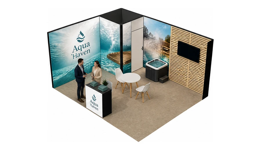 Stoisko 5 × 4 m narożne lewe dla branży baseny i sauny, przykładowa marka Aqua Haven