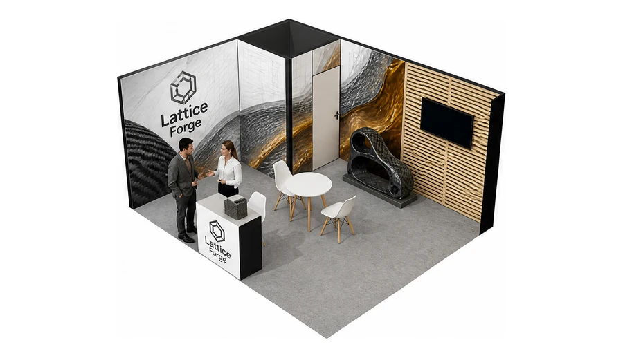 Stoisko 5 × 4 m narożne lewe dla branży materiały kompozytowe, przykładowa marka Lattice Forge