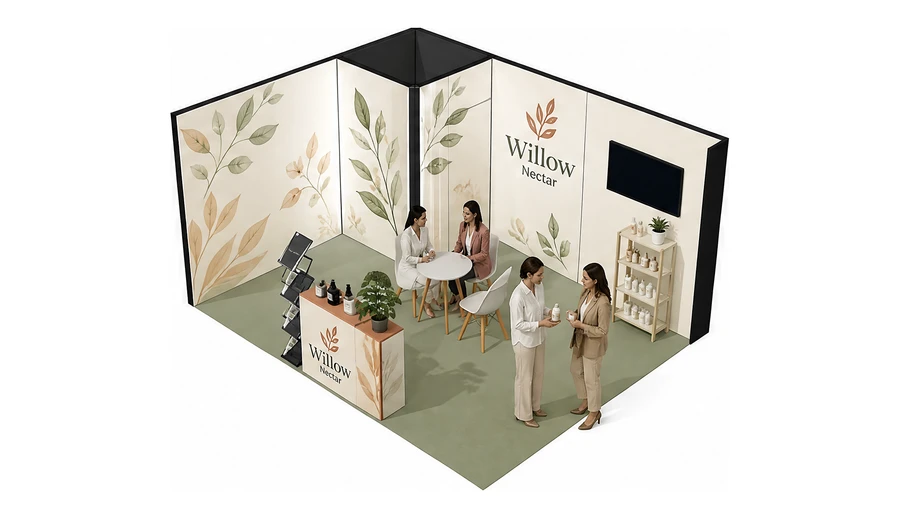 Stoisko 5 × 4 m narożne lewe dla branży kosmetyki naturalne, przykładowa marka Willow Nectar